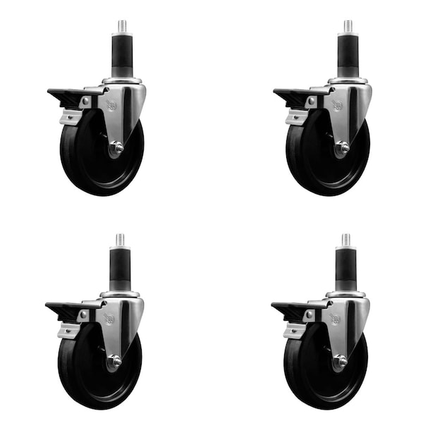 5'' Phenolic Swivel 1-1/4'' Expanding Stem Caster Set with Brake, 4PK